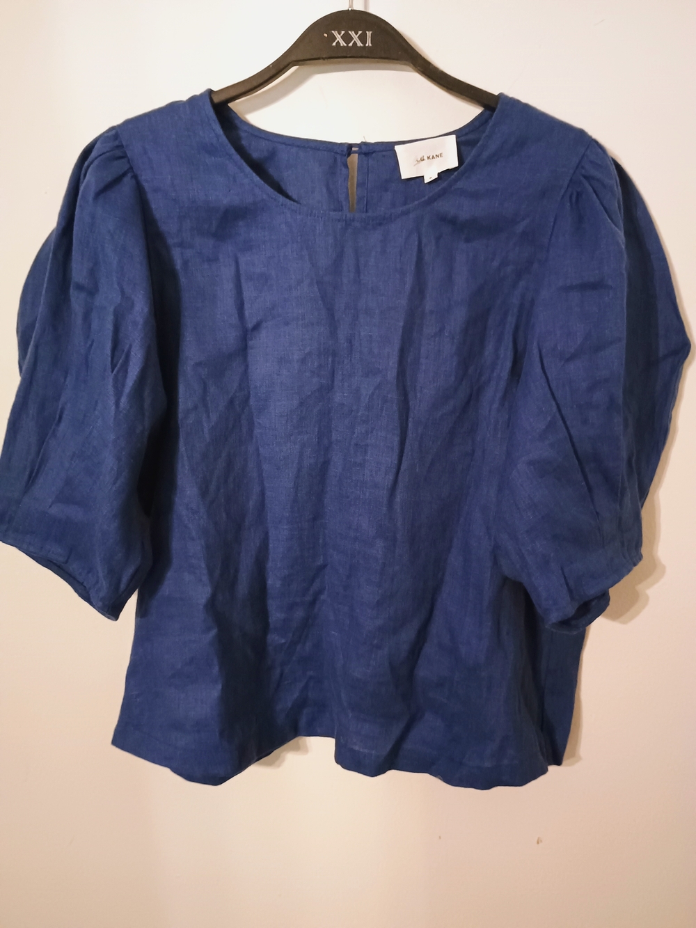 R.G. Kane Women's 100% Linen Royal Blue Puff Sleeve Linen Top Size small